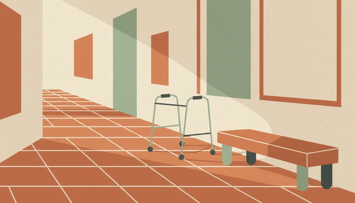 Illustration of a sunlit hallway with a walking frame beside a bench