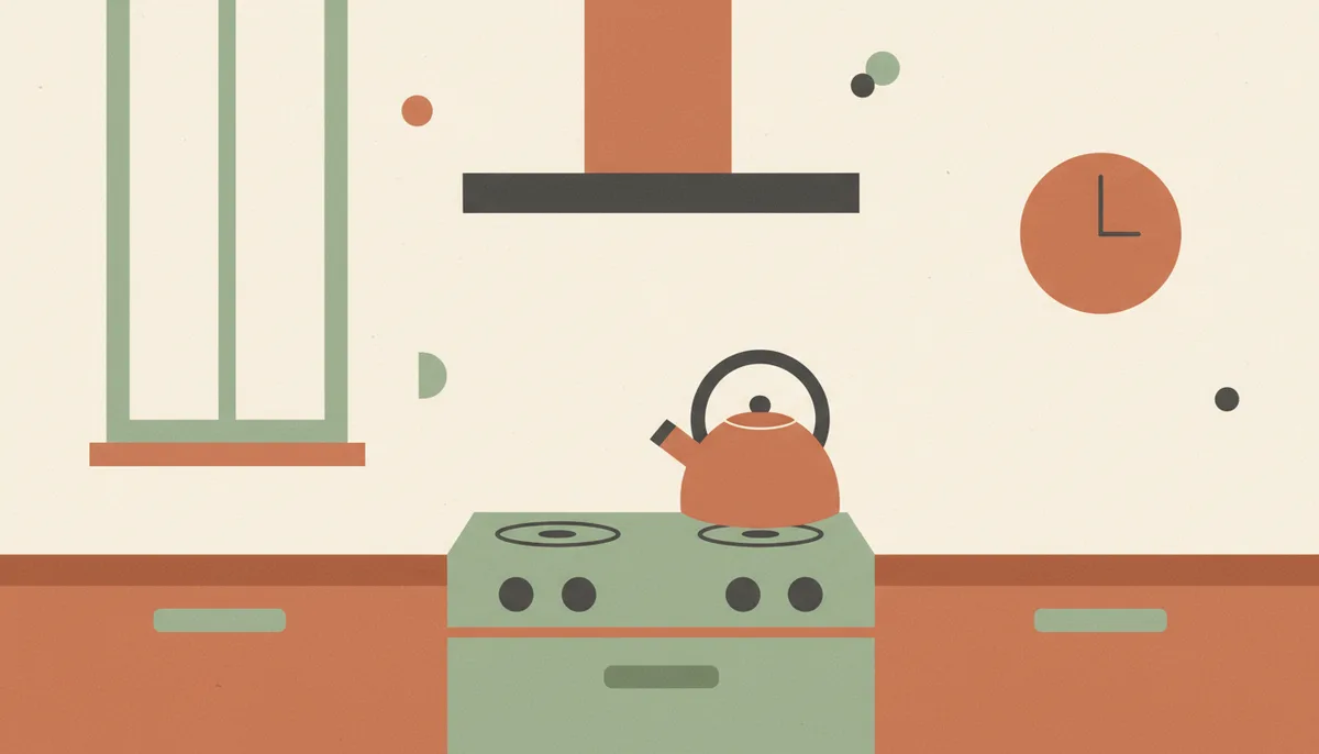 Illustration of a kettle on a stovetop in a tidy kitchen