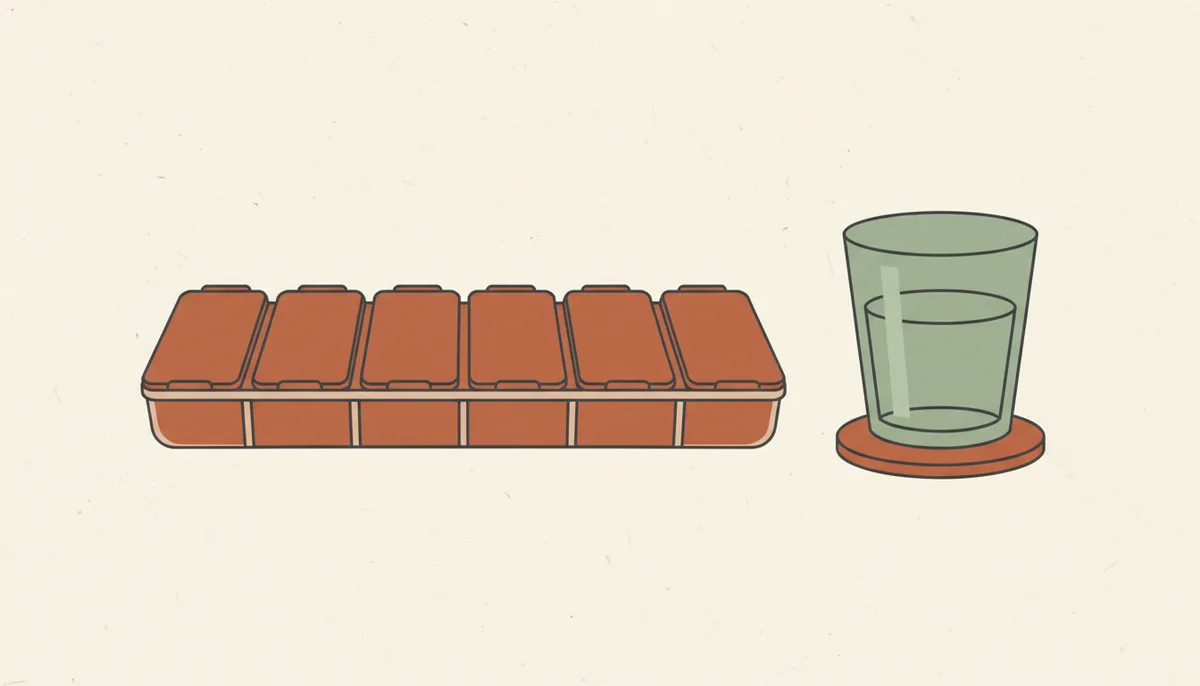 Illustration of a weekly pill organizer beside a glass of water