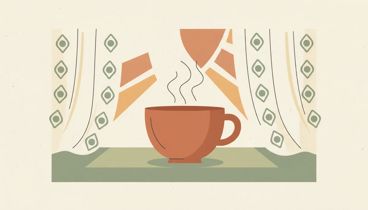 Illustration of a steaming teacup on a sunlit windowsill